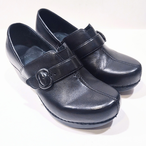Dansko Tamara Black Leather Clogs Women Size 37 EU 6.5-7 US Slip On Buckle Strap - Picture 4 of 12